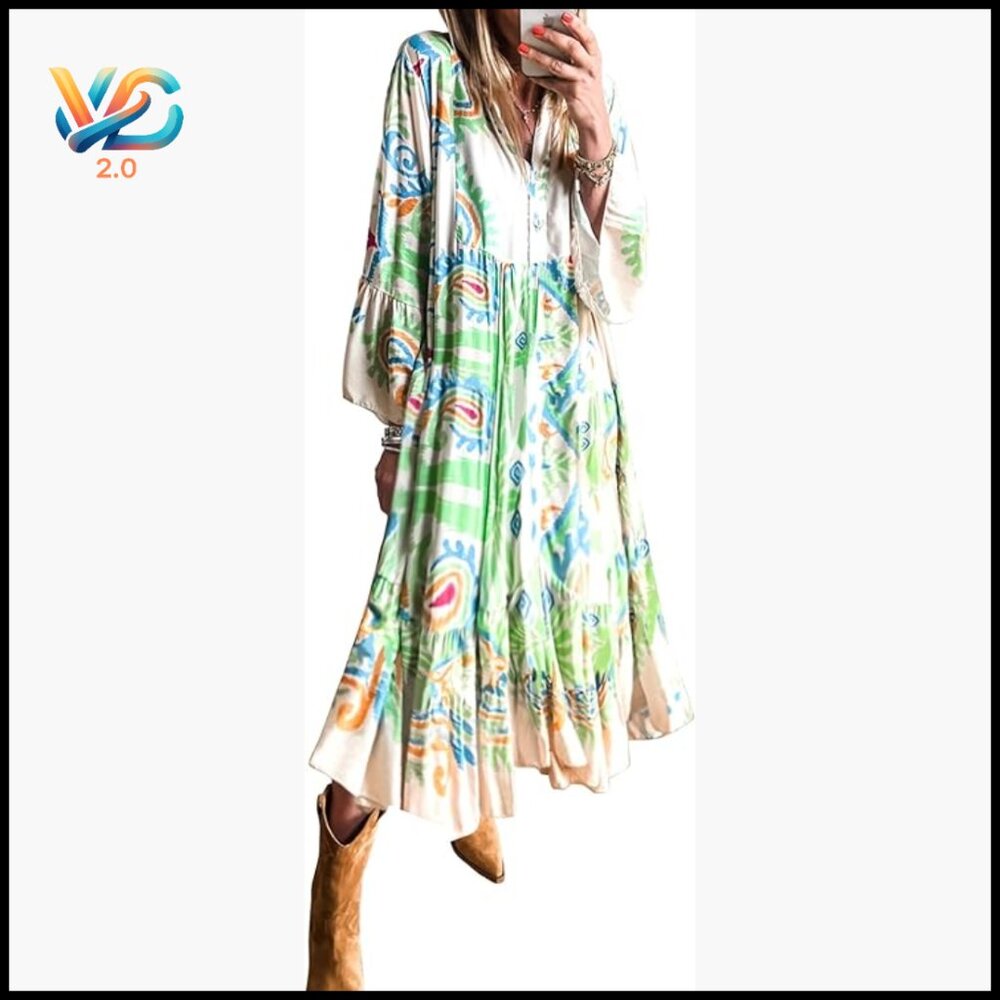 Boho Midi Maxi Dress 3/4 Sleeve V-Neck Flowy Tribal Print Casual Summer
